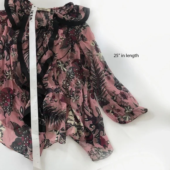 CHLOE Ruffled Cactus-Print Silk Blouse, Pink/Burgandy - Picture 10 of 12